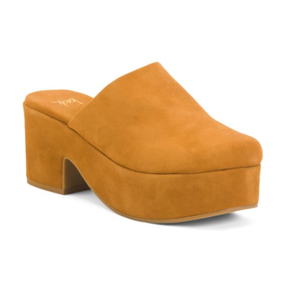 Beek Petrel Heeled Platform Clogs in Caramel Suede - Picture 3 of 5
